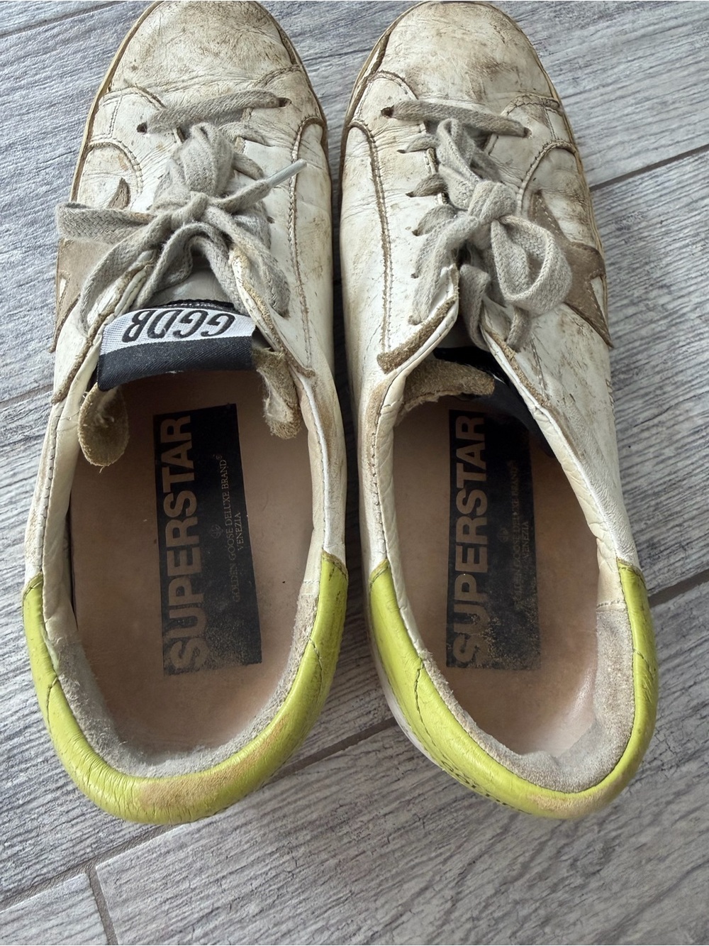 Golden Goose White Leather Sneakers with Neon Yellow Heel and Brown Star - Picture 2 of 5